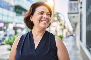 Cheerful hispanic woman walking in city with clear vision