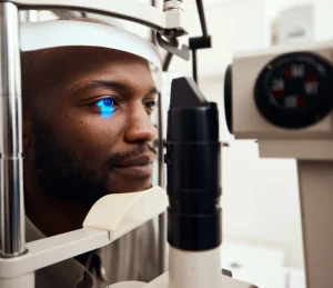 Man getting an eye exam at the diagnostic eye center in Houston Texas
